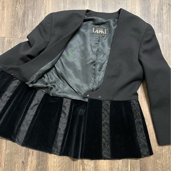 ALMA Couture Black Fitted Peplum Beaded Blazer Cocktail Jacket Velvet Holidays L - Picture 10 of 16